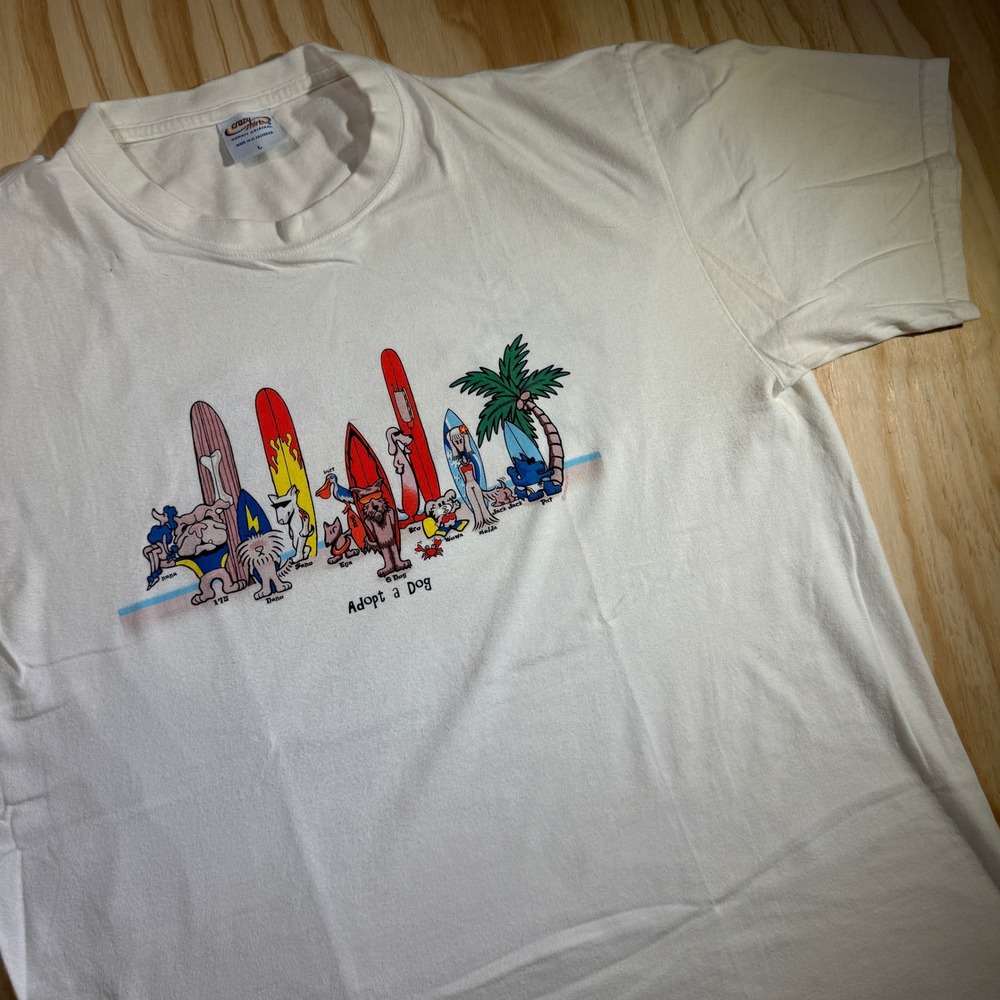 Crazy Shirts Men's Adopt a Dog Surfboards Graphic Tee White Vintage Size L